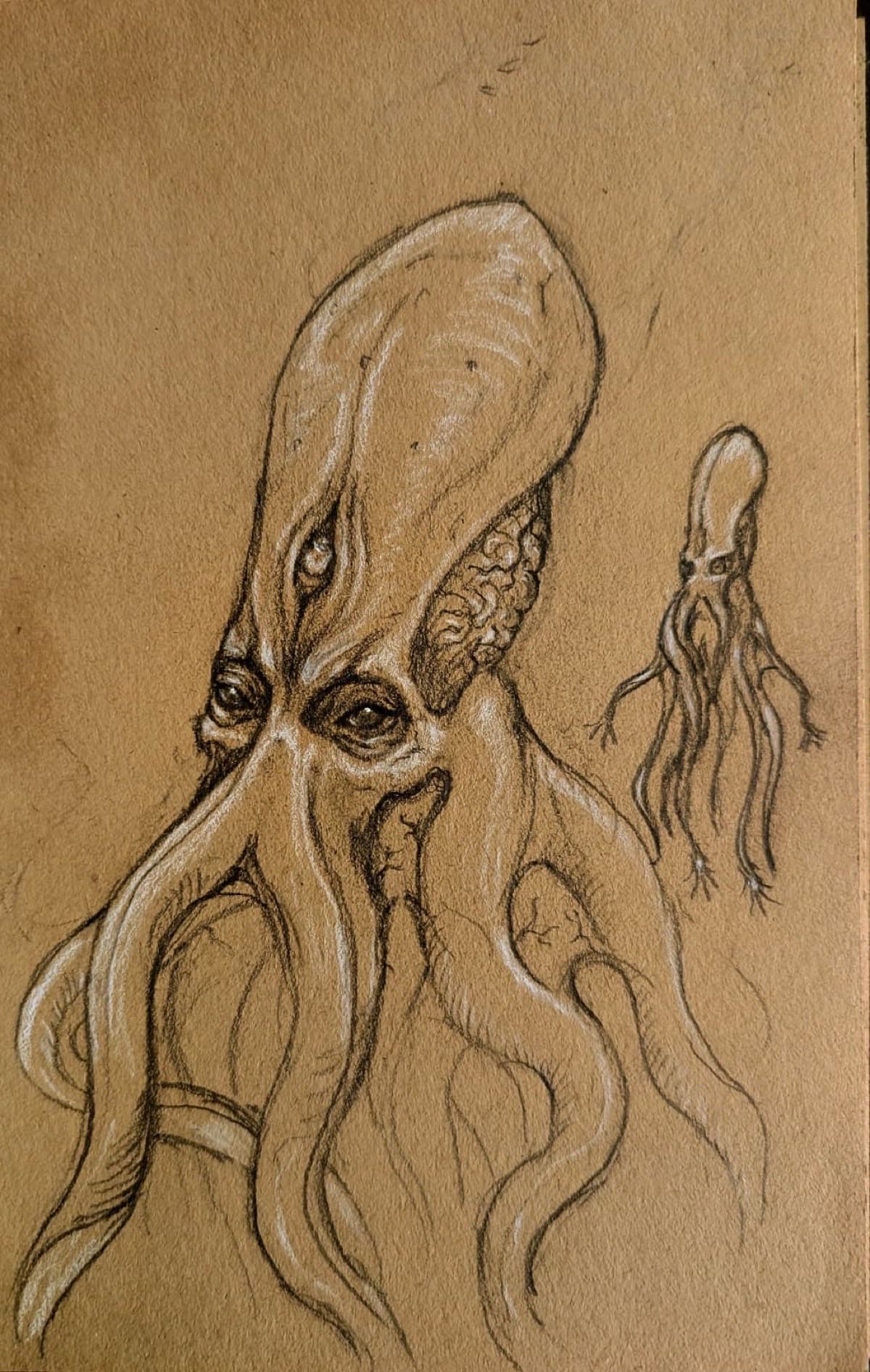 Concept sketch of Ouranos โ an ancient octopus-like being with human eyes, drawn in pencil on kraft paper