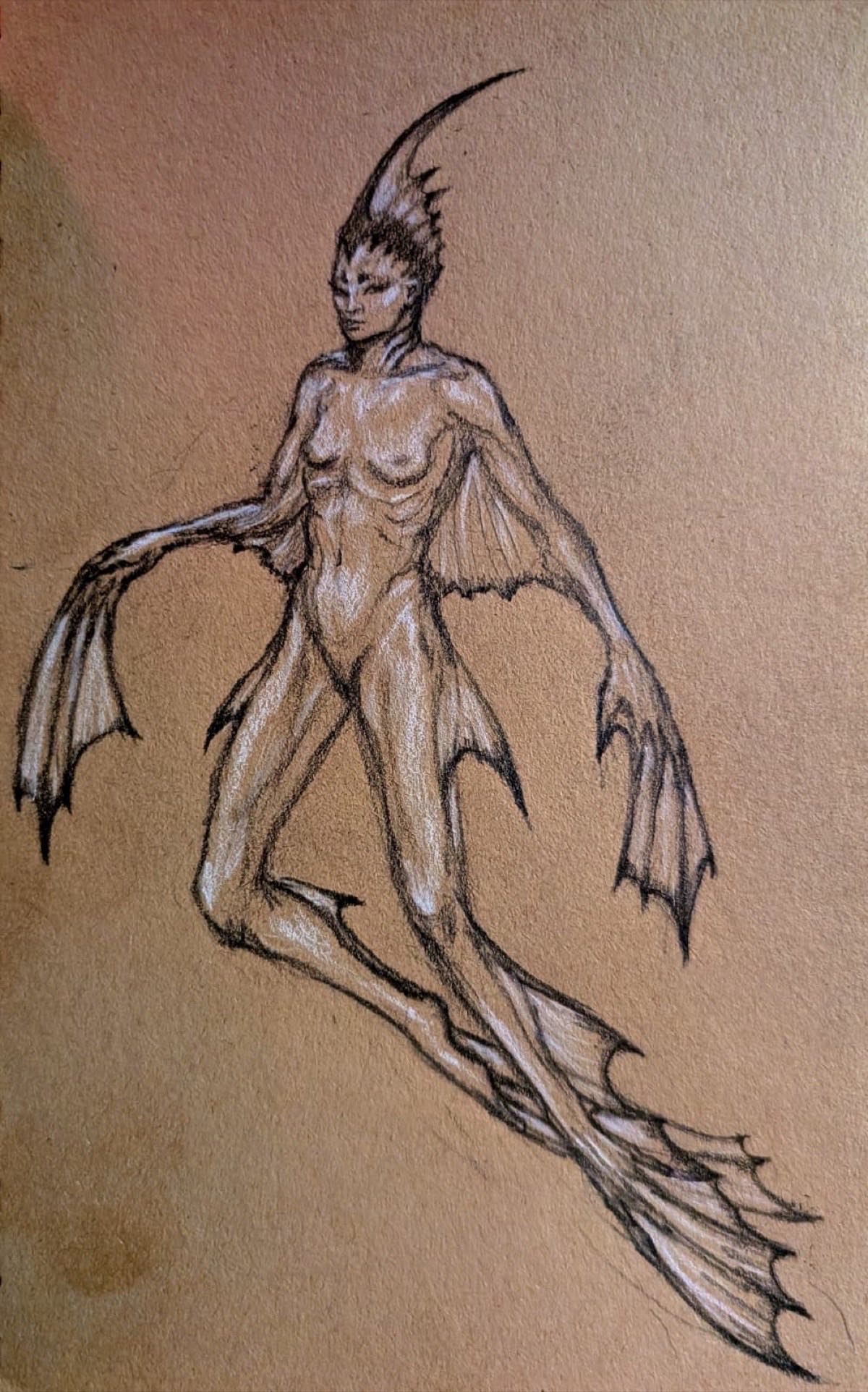 Concept sketch of Syx in their sea form โ a finned, post-human figure with webbed limbs and a crested head, drawn in pencil on kraft paper
